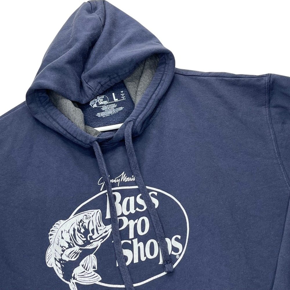 Bass Pro Shops Hoodie Johnny Morris Mens Large Blue CottonBlend Graphic Pullover